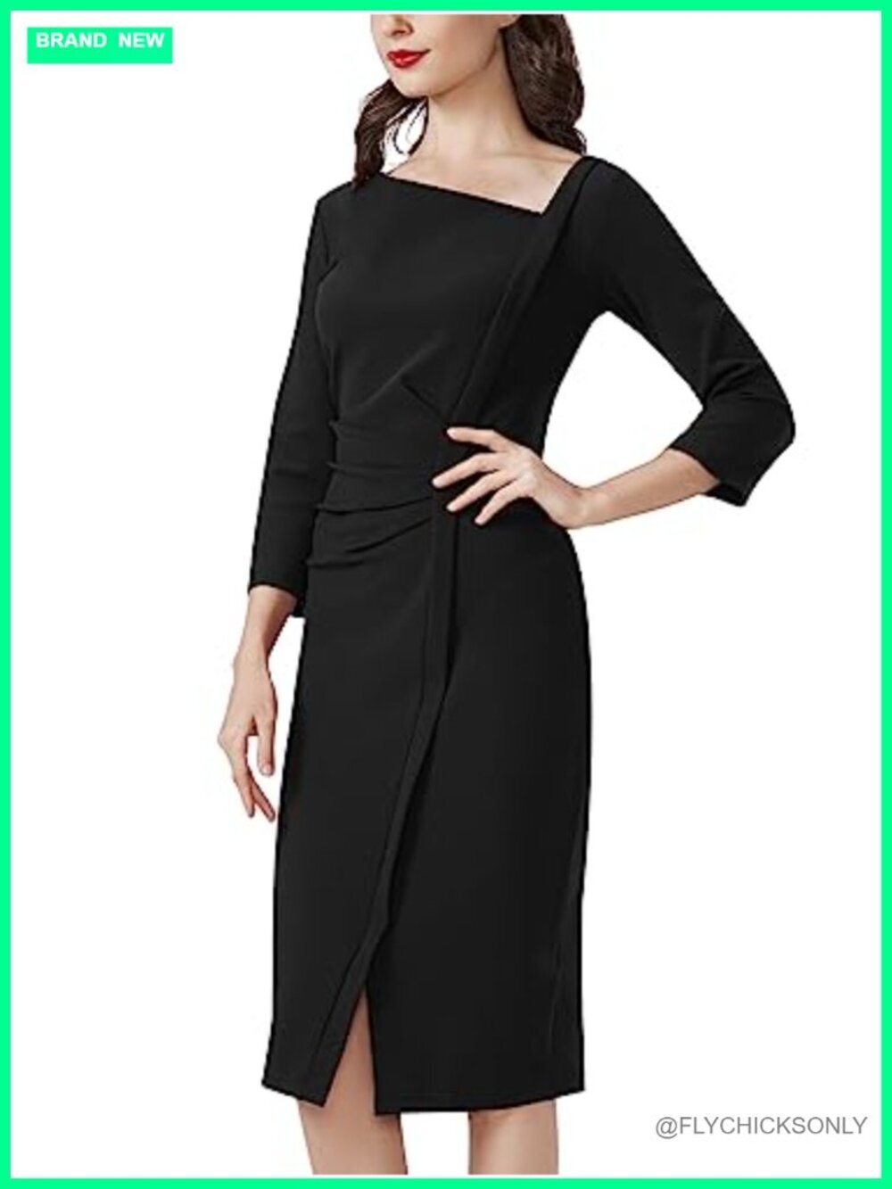 Women's Ruched Sheath Dress Retro 3/4 Sleeve Bodycon Keyhole Neck - Picture 5 of 7